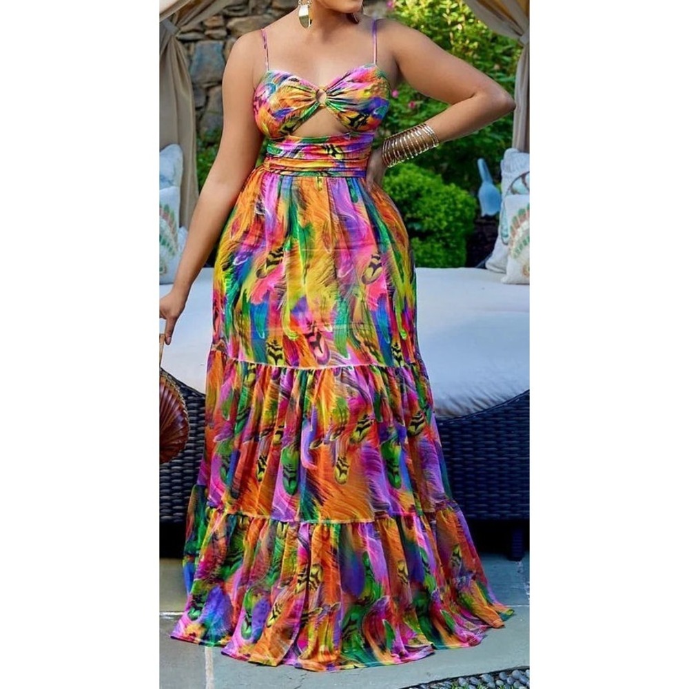Metamorphosis Girl Vibrant Rainbow Feather Print Cutout Slip Maxi‎ Dress - 1XL